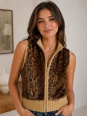 Nina Leonard Leopard Faux Fur Zip Vest - Knit Trim - Size Large